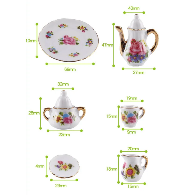 

1:12 Miniature Porcelain Tea Cup Set Ceramic Tableware Teapot Kitchen Accessories Doll House Decor
