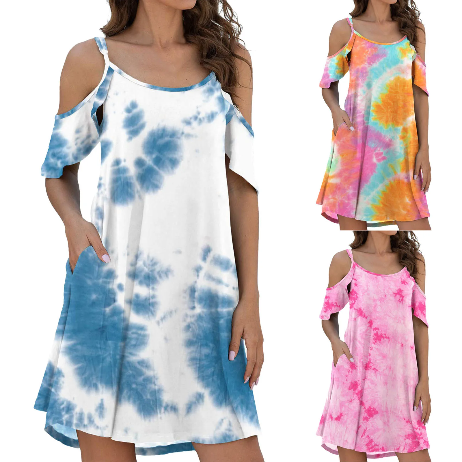 

Summer Sundresses for Women Women Summer Casual Spaghetti Strap Sundress Dresses Cold Shoulder Women Midi Dress with Sleeves