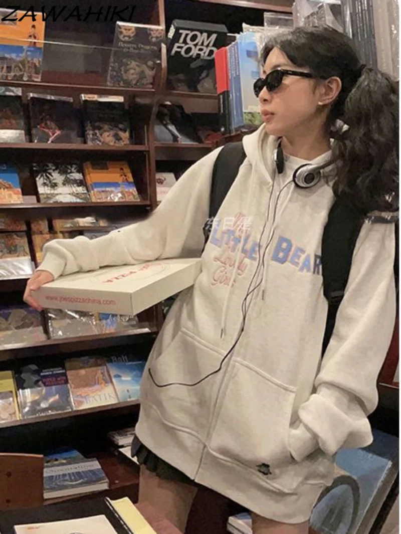 

American Retro Apricot Letter Embroidery Outwear Sweatshirt Hip Hop Loose Winter Zip-up Cardigan Long Sleeves Coat Outerwear