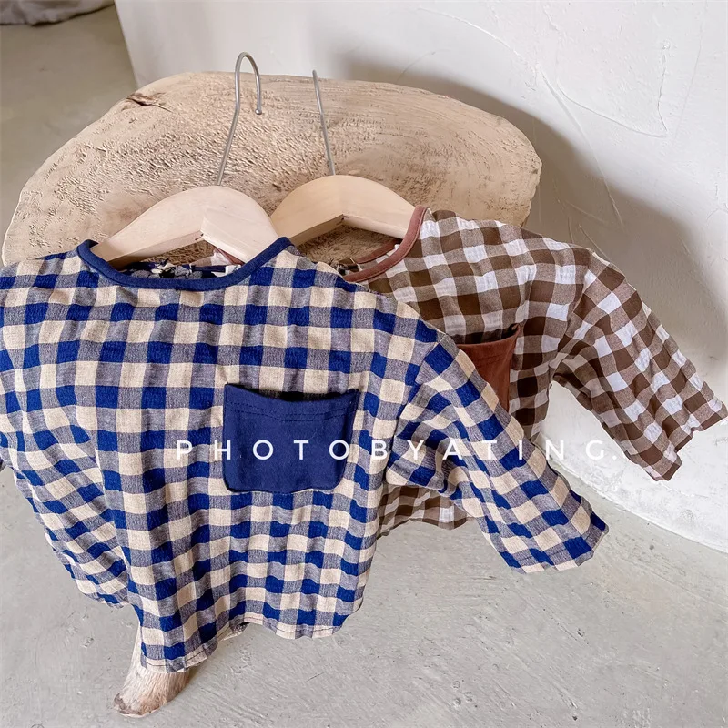 

2022 Summer Children's Plaid Shirts Kid Boy Cotton T-shirts Fashion Child Girl Tops With Pockets Long-sleeved Tshirt For Toddler
