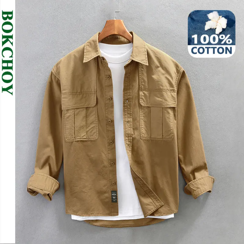 

2023 Spring New Cargo Casual Shirt Men Big Pockets 100% Cotton Four Seasons Loose Men Clothing AZ780