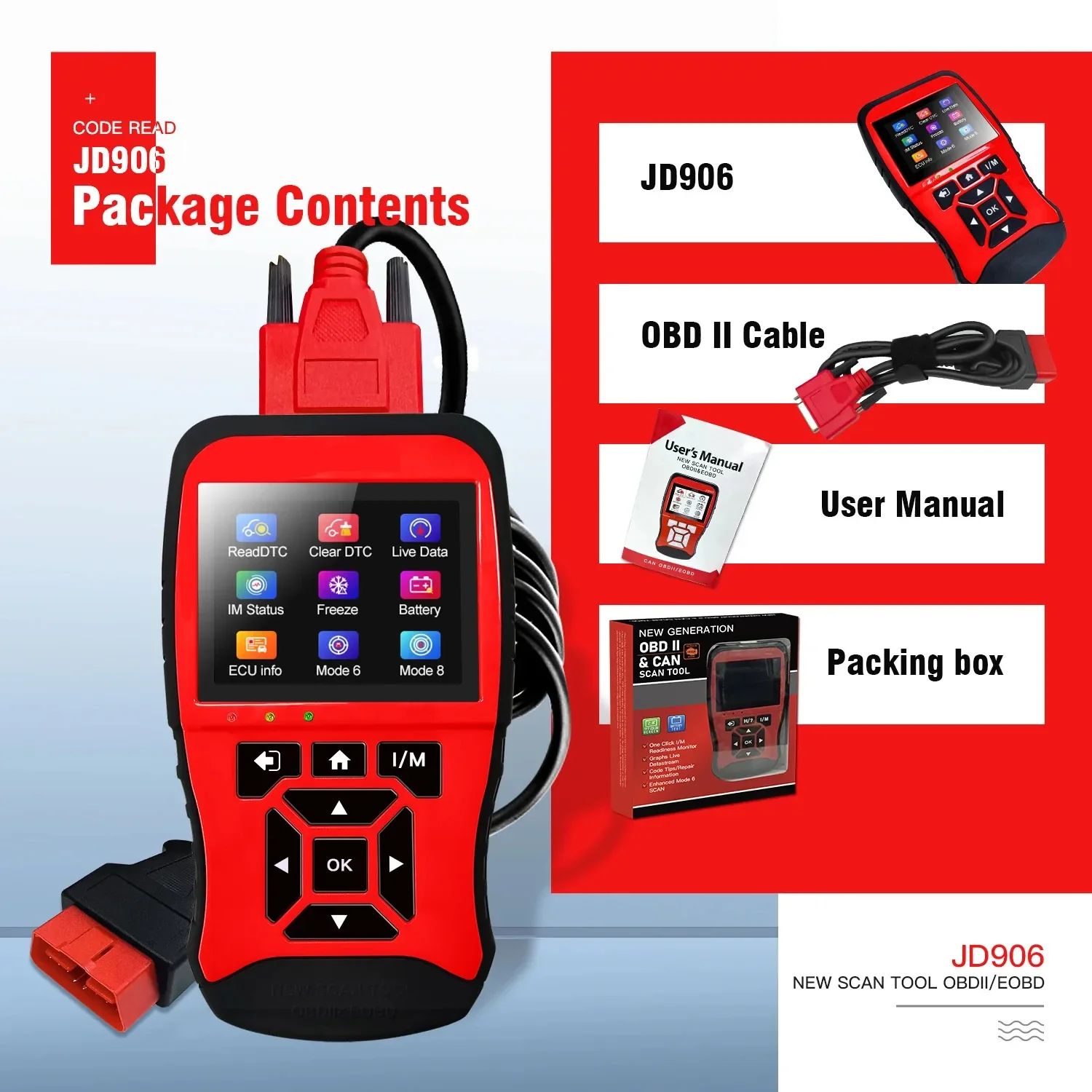 Новый сканер JD906 OBD2 для проверки двигателя считыватель световых кодов живые