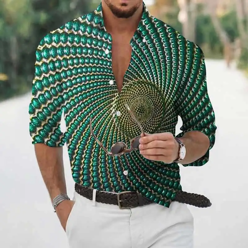 Spring and Autumn New Shirts Geometric Print Men's Long Sleeve Slim Casual Dress Shirts Retro Loose Button Clothes