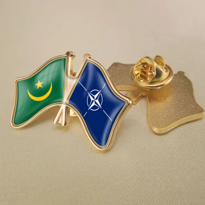 

Mauritania and NATO North Atlantic Treaty Organization Crossed Double Friendship Flags Lapel Pins Brooch Badges