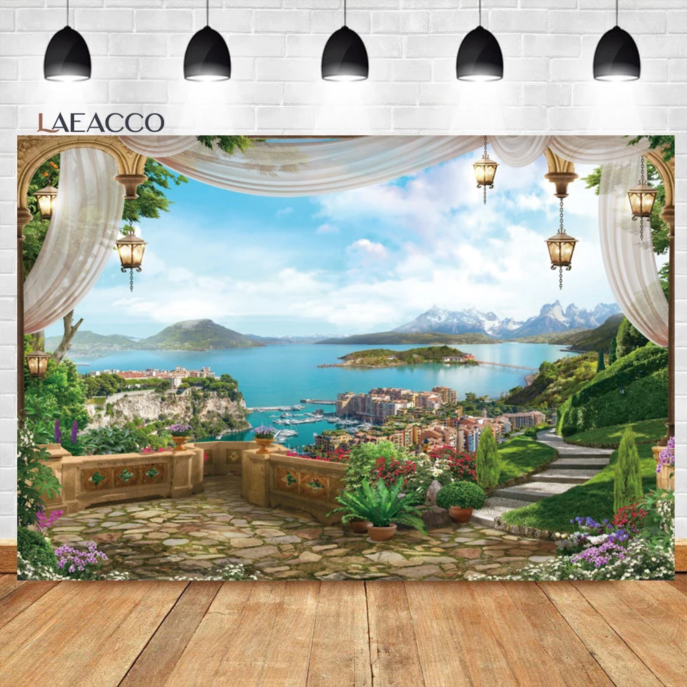 

Laeacco Summer Seaside Landscape Photography Backdrop Vintage Window Scenery Garden Sea Town Mountain Adults Portrait Background