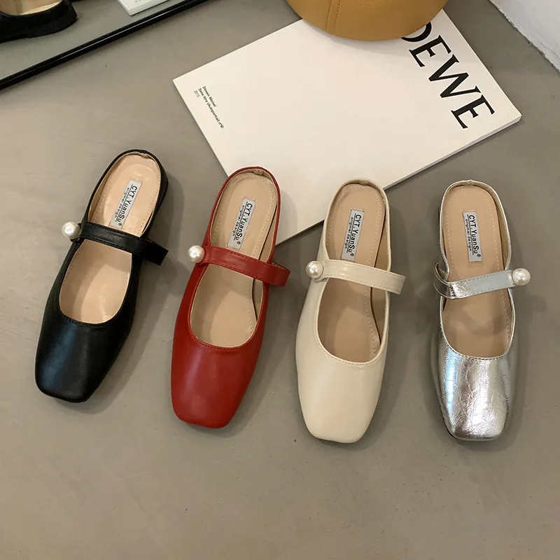 

Loafers Shoes Woman 2023 Cover Toe Slippers Casual Low Pantofle Luxury Summer New Flat Rubber Basic Slides PU Fabric Rome Hoof