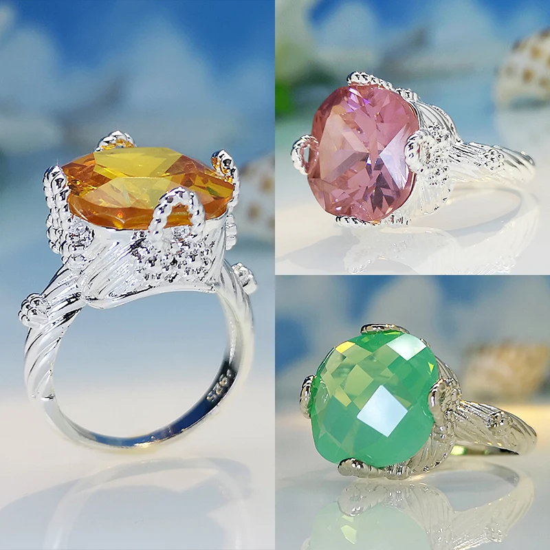 

Vintage Fashion Lady With Oversized Zircon Rings Silver Color Yellow Green Pink CZ Rings for Women Engagement Wedding Jewelry