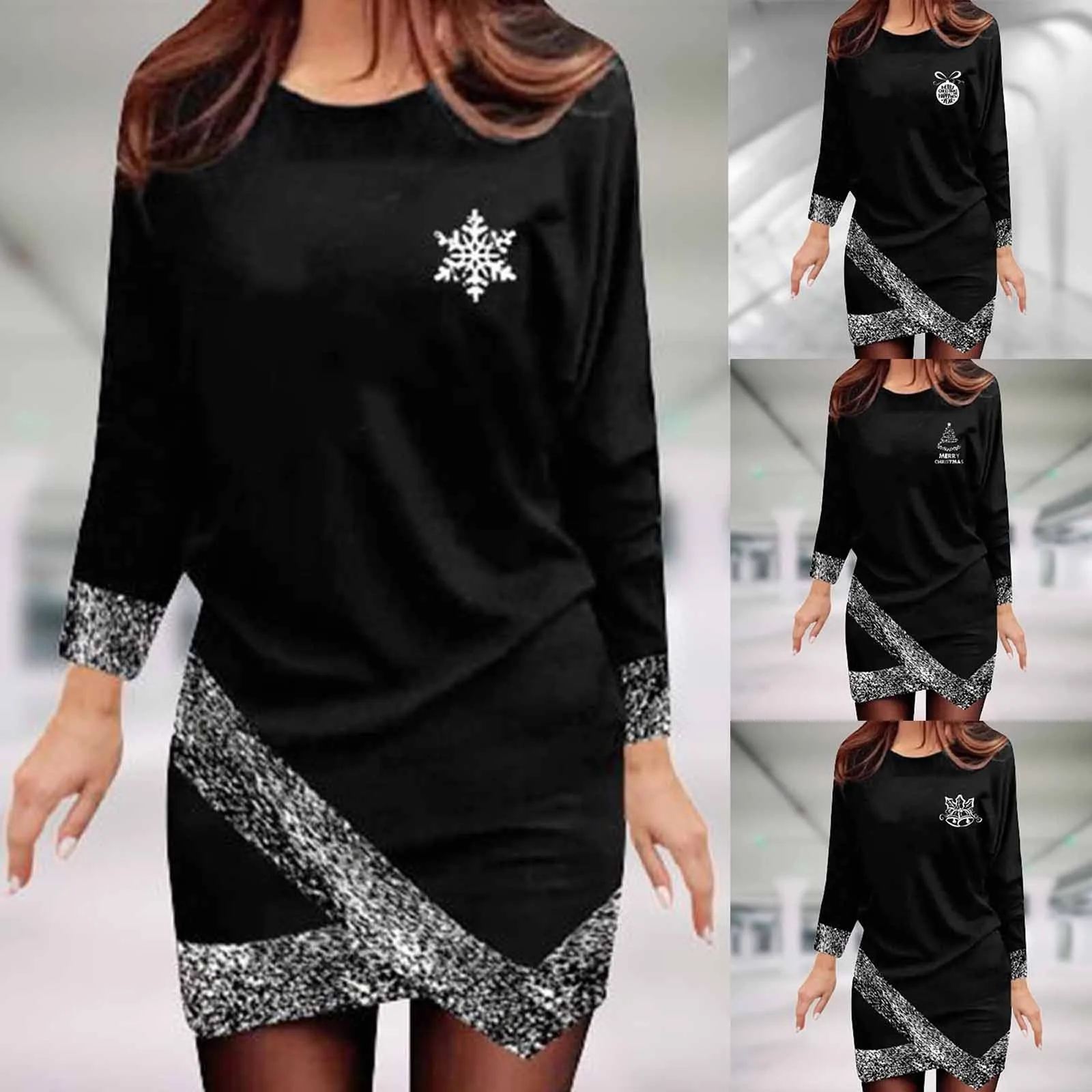 

Women's Round Neck Long Sleeve Irregular Hem Christmas Print Casual Dress Chiffon Dresses for Petite Women