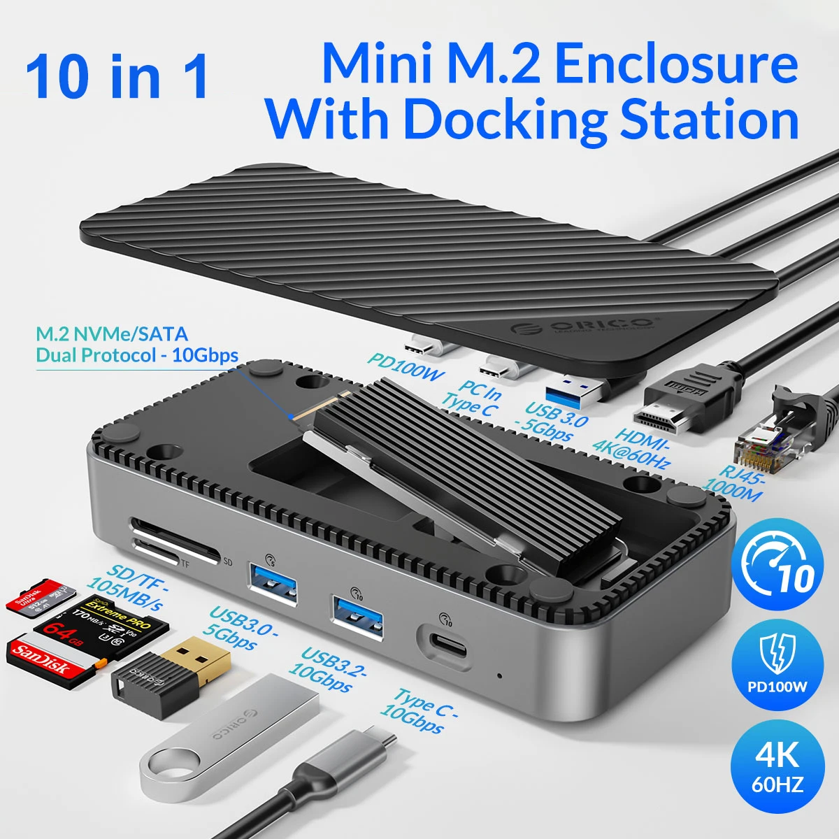 

Док-станция с M.2 NVMe SATA, 10 Гбит/с, 4K, 60 Гц