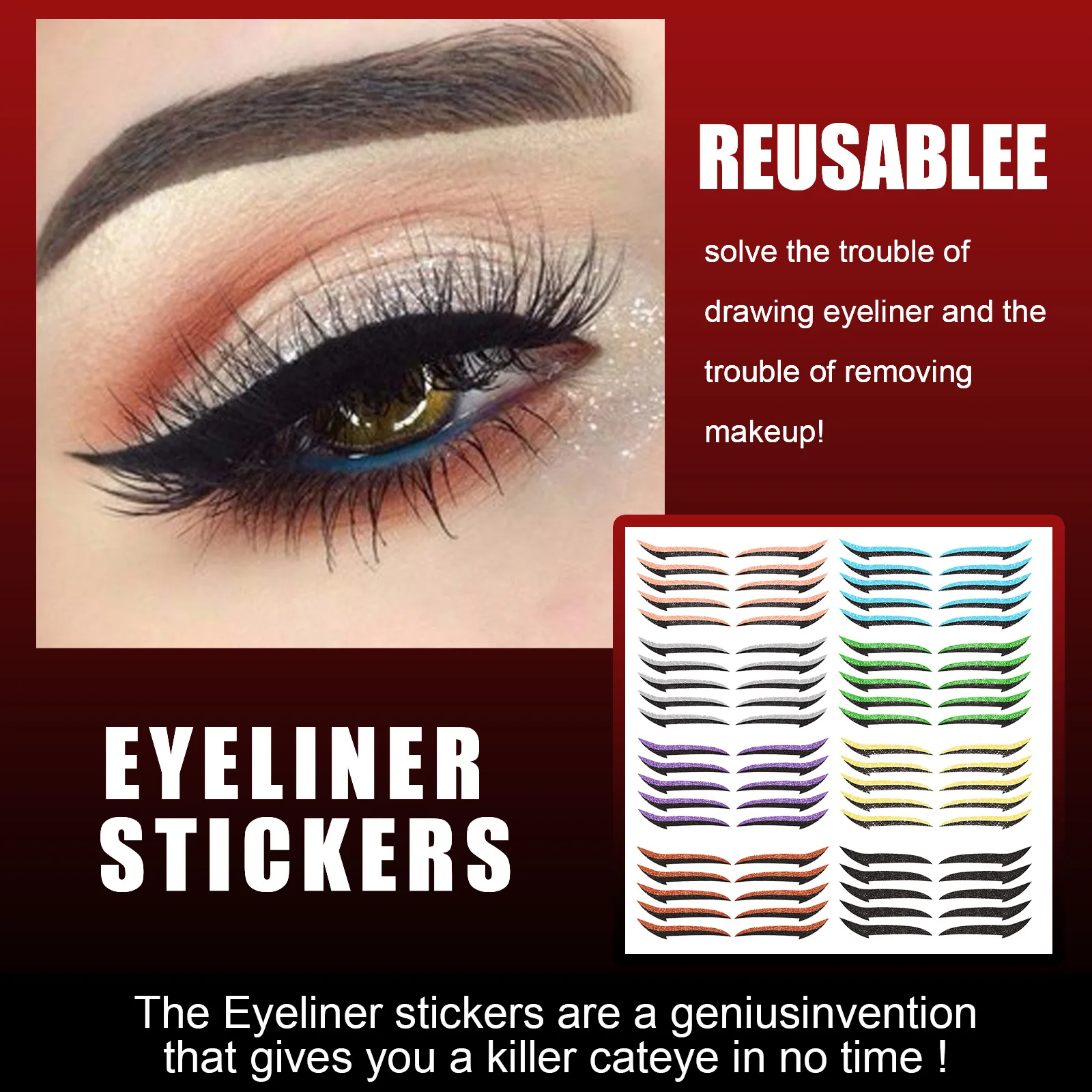 5 Pairs Eyeliner Stickers 8 Color Reusable Self-adhesive Glitter Eyeliner Double Eyelid Tape Cat Eye Makeup Cosmetic