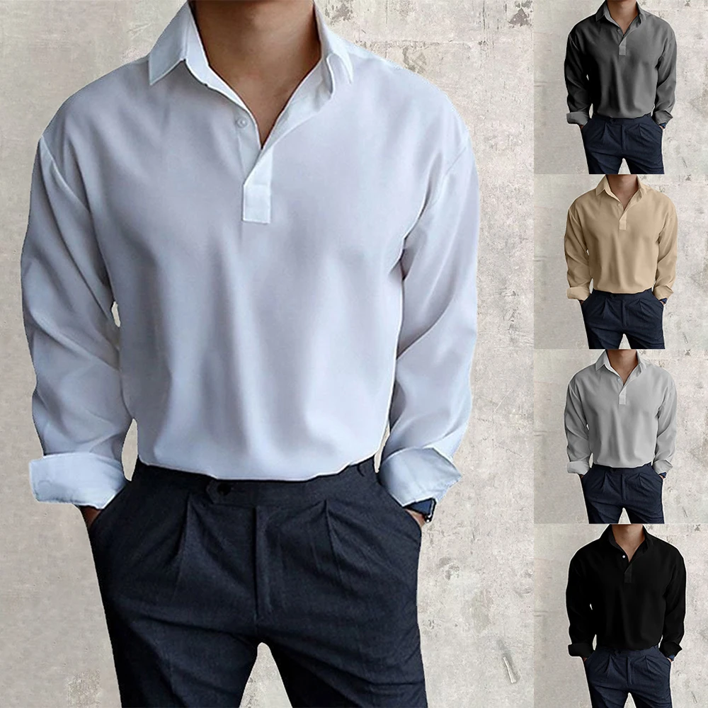 

Новинка Осень-зима мужской деловой пуловер с отворотом Топ с длинным рукавом Элегантная британская Повседневная однотонная Облегающая рубашка унисекс