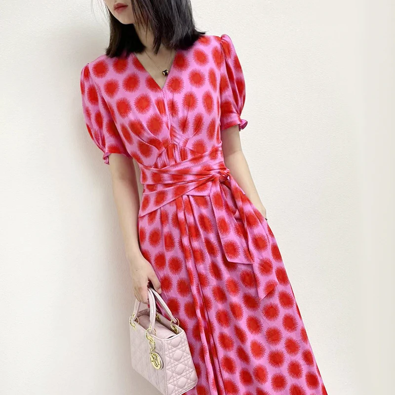 

Puff Sleeves Rose Pink Sunflower Print Belted Waist Midi Dress US 2-US 10