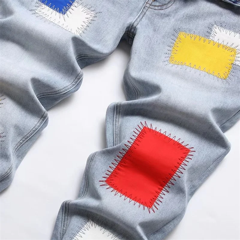 EH·MD® Men Jeans Embroidered With Rainbow Square Cloth Pure Cotton Stretch Slim Pants Scraped White Wearable High Street Fashion