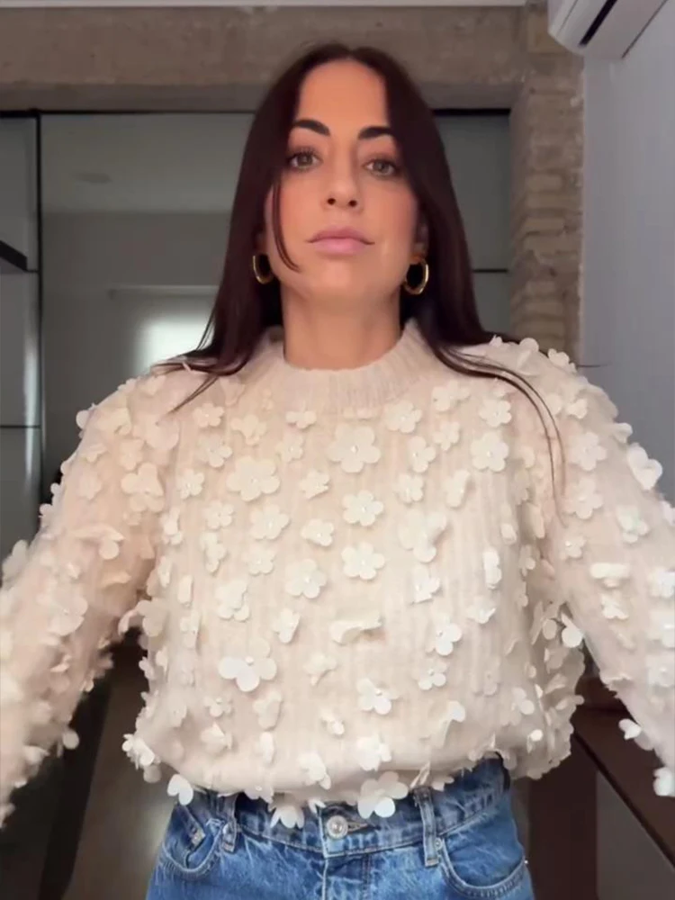 Вязаный женский свитер с цветочной сеткой повседневный свободный пуловер