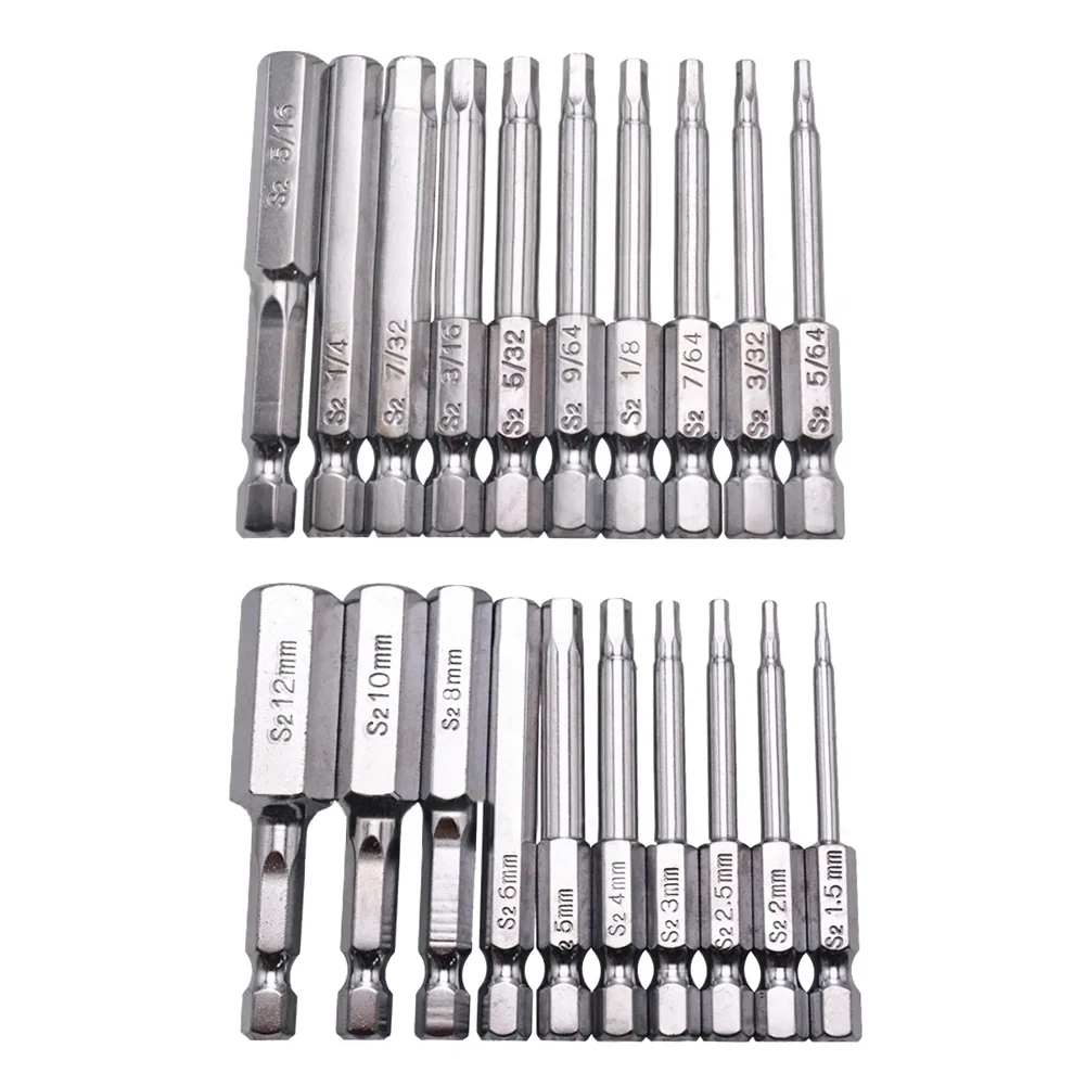 

20pcs Magnetic Hexagon Screwdriver Bits Set H1.5-H12 Hex Head 60mm Inch / Metric Batch Head For Electric Drills Air Drills Tool