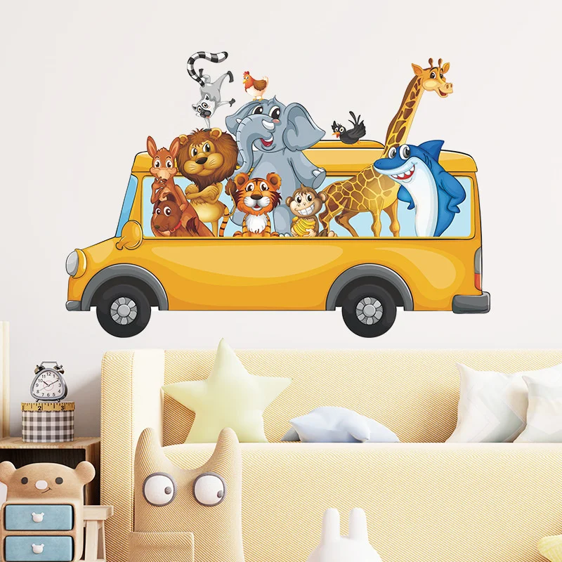 

2022 New Modern Cartoon Small Animal Bus Wall Stickers For Children's Room Childish Cute Self-paste Waterproof Wall Decoration