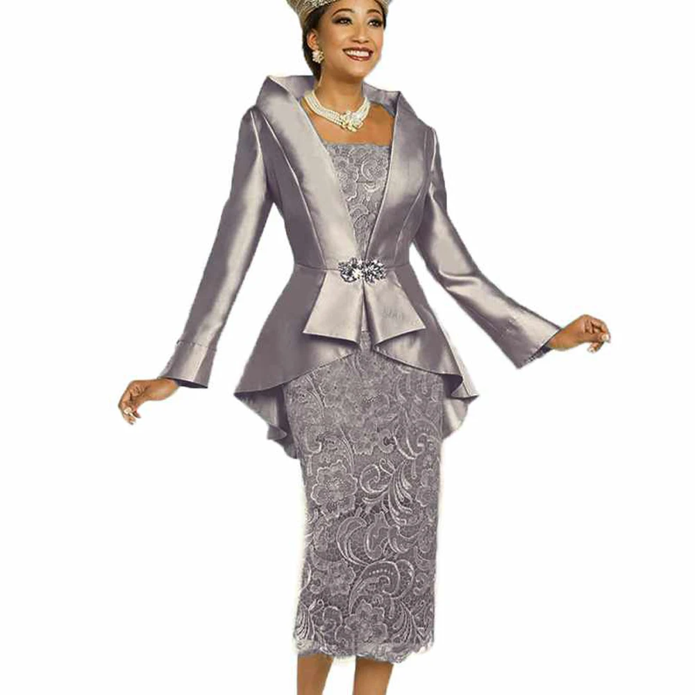

Vintage Mother of The Bride Dresses for Weddings Party 2023 with Satin Jacket Cored Lace Skirt Long Sleeves Square Silver Gray