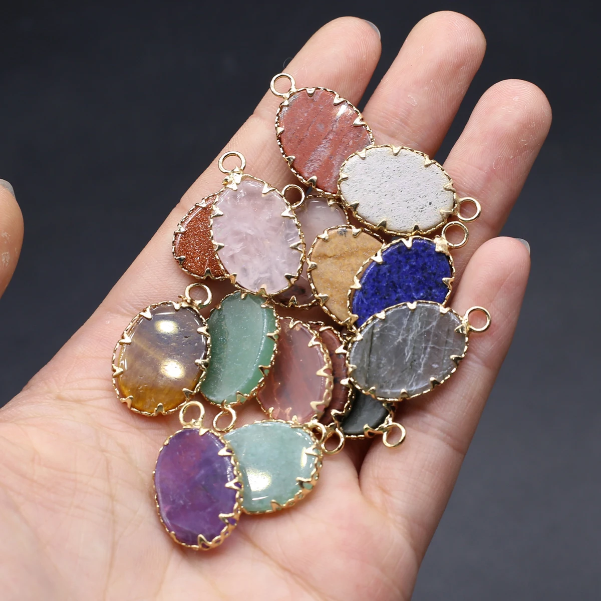 

Natural Stone Pendants Flat Oval Lapis lazuli Tiger Eye Opal Charms for Jewelry Making Diy Women Necklace Earring