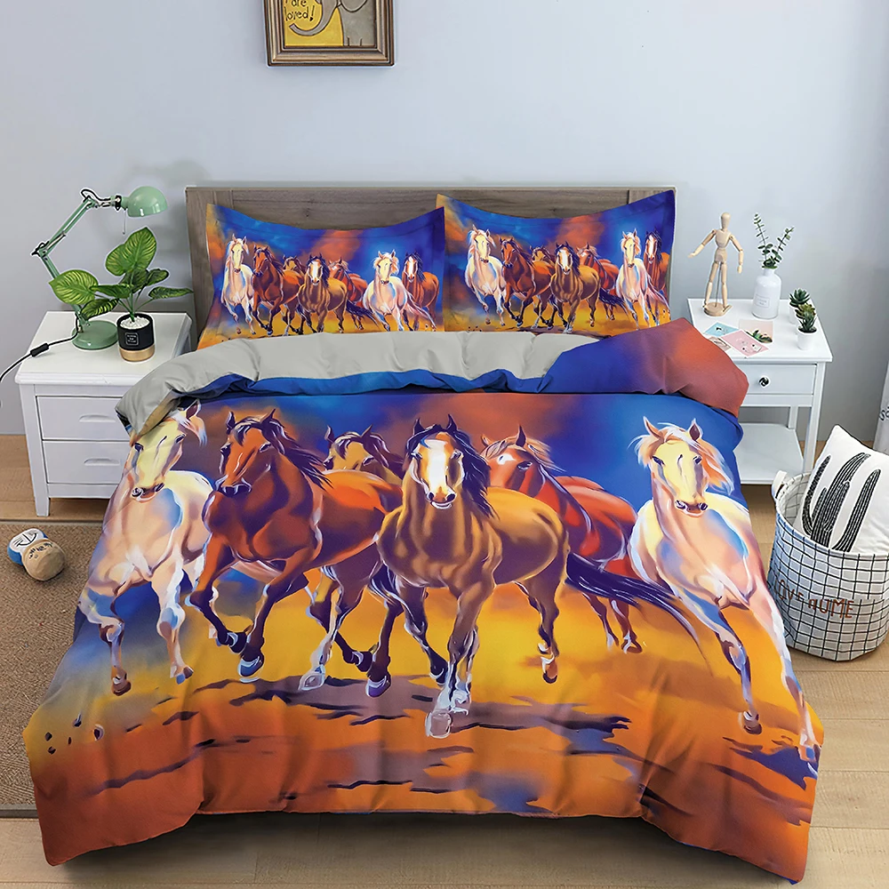 

King Size Quilt Cover And Pillowcase Polyester Bedclothes Galloping Horse Print Quilt Cover Horse Bedding Set 3D Duvet