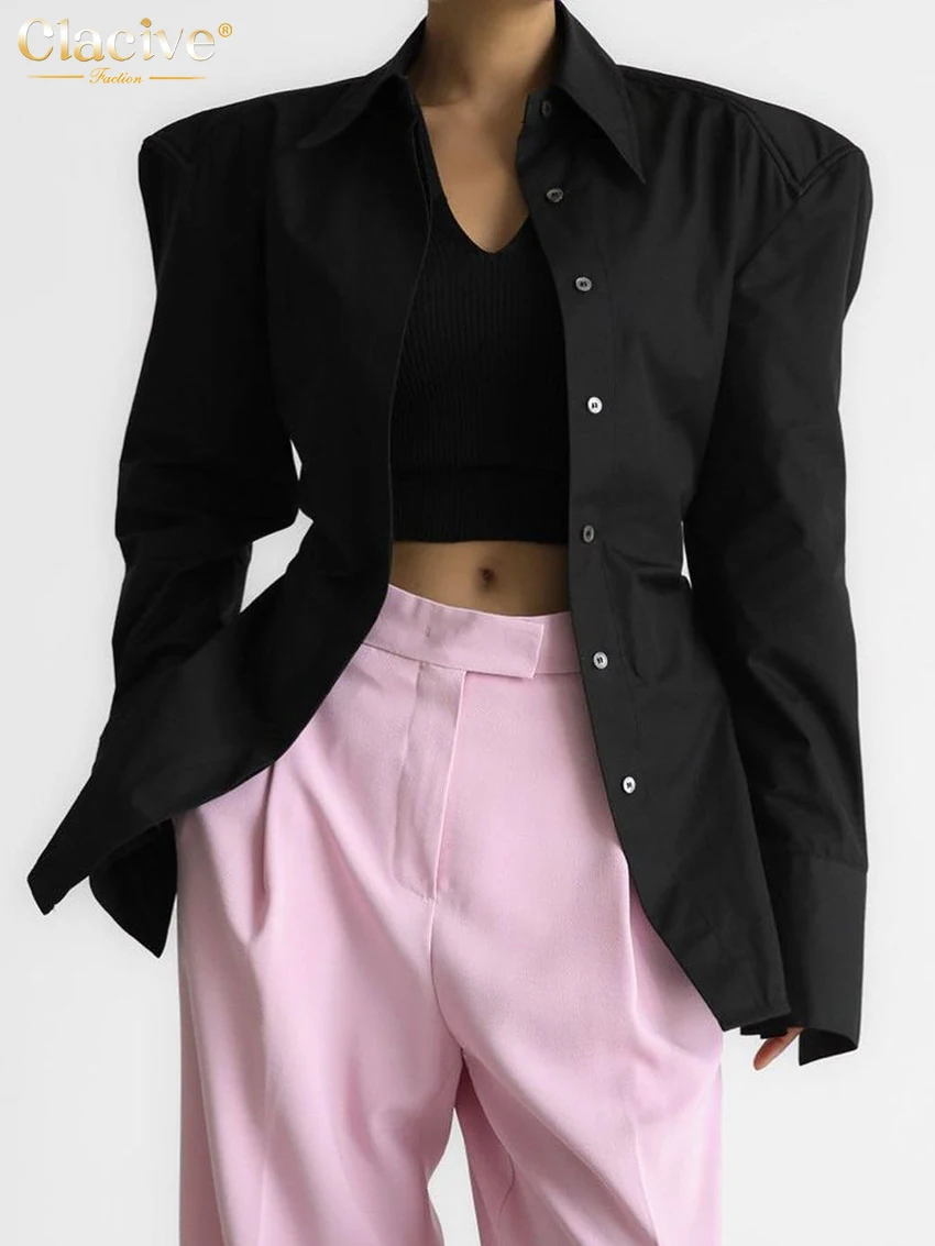 

Clacive Elegant Slim Black Women'S Shirt Fashion Lapel Long Sleeve Office Shirts And Blouses Casual Classic Top Female Clohting