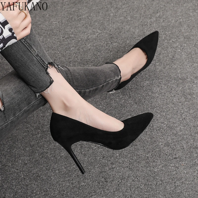 

7cm/10cm Solid Flock Stiletto Pumps Pointed Toe Shallow Mouth Single Shoes Classic Office Work Shoes Fashion High Heels Size 33