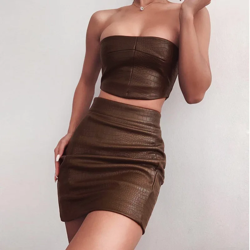 

Sexy PU Faux Leather Skirts Suits Women Strapless Corset Crop Tops and Mini Skirts Two-piece Set Party Club Nightwear Outfits