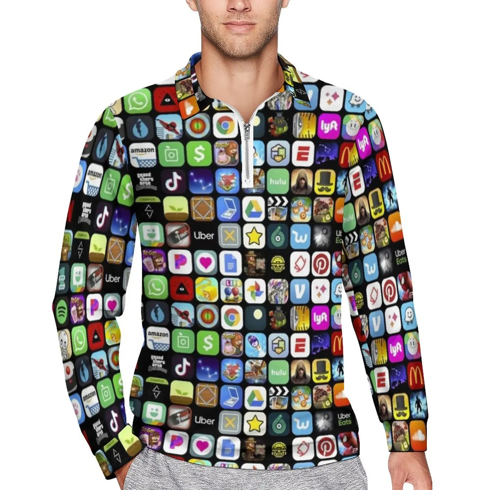 

Meme Collage Print Polo Shirt Daily Wall of Apps Zipper Casual Shirt Long-Sleeve Collar Vintage Design Oversized T-Shirts