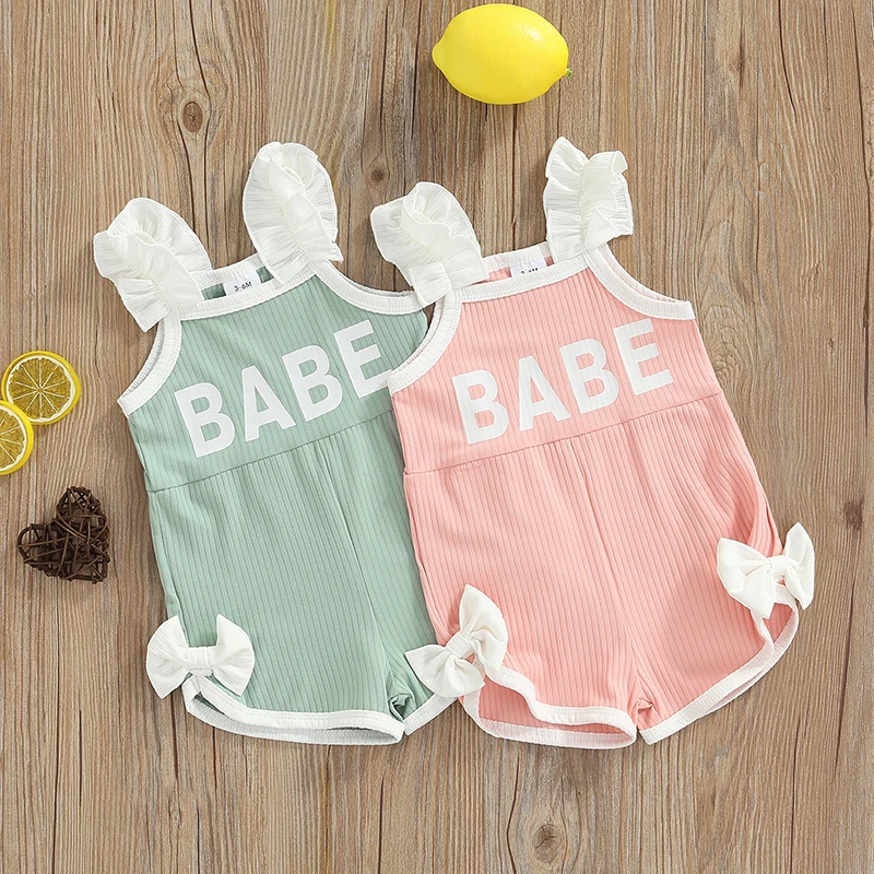 

Summer Newborn Baby Girls Boys Rompers Solid Ribbed Knitted Sleeveless Strap Letter Print Romper Jumpsuits Bowkot Shorts Pants
