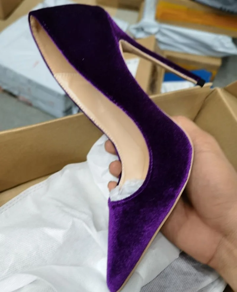 

Purple Velvet Shallow Woman Shoes Pointed Toe 12CM 10CM 8CM Slip-on Stiletto High Heels Party Shoes Stretch Celebrating Pumps