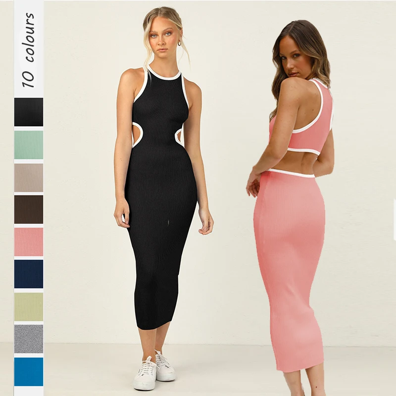 

Summer Female Solid O-Neck Dress Sleeveless Hollow Out Package Hip Long Dress Sexy Backless Slim Night Club Party Vestidos