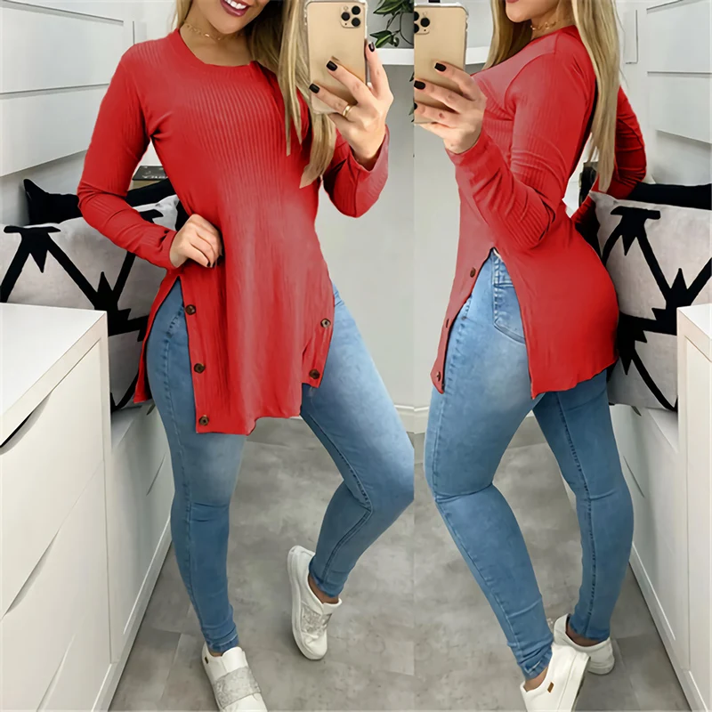 

Spring Elegant O Neck Women Rib Blouse Streetwear Autumn Casual Long Sleeve Shirt Lady Sexy Side Slit Button Long Tops Pullover