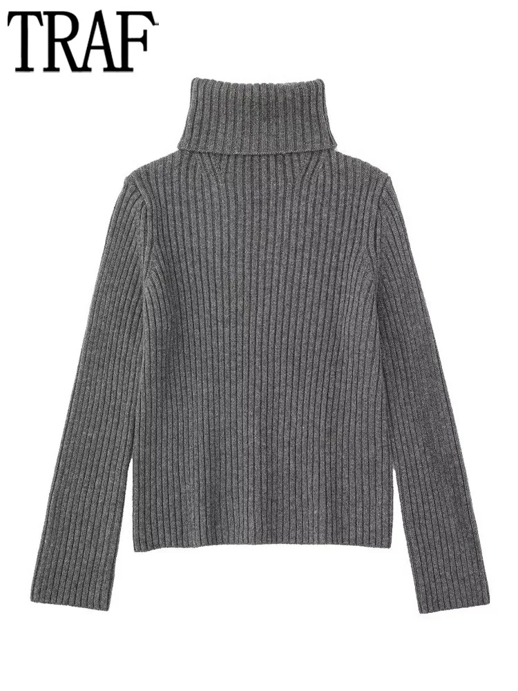 

TRAF 2022 Turtleneck Women Sweater Grey Knitted Sweater Woman Long Sleeve Pullover Women Autumn Ribbed Casual Sweaters for Women