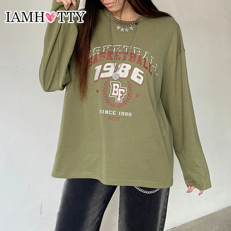 

IAMHOTTY Vintage Letter Graphic Print Loose T-shirt Women Fairycore Grunge Streetwear Chic Punk Oversized Long Pullovers Autumn