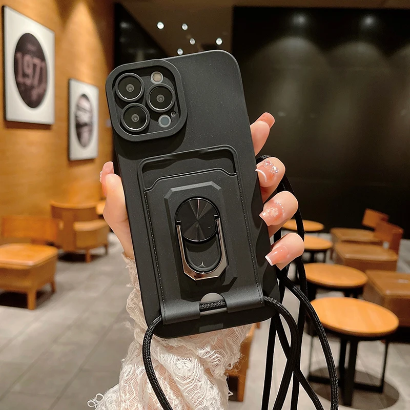 

Luxury Lanyard Magnetic Ring Card Holder Phone Case For Xiaomi Redmi Note 11 10 9 8 T Mi 12 Pro Necklace Strap Protection Cover