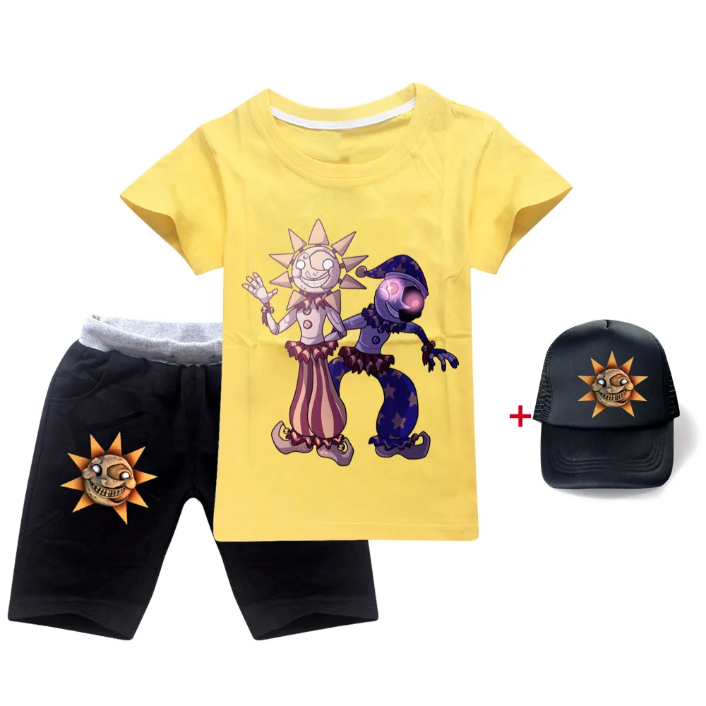 

Sundrop FNAF Sun clown Boys T-shirt Girls T Shirt+shorts+hat 3pcs sets Summer Kids Tops Cartoon Sport Children clothing Suit