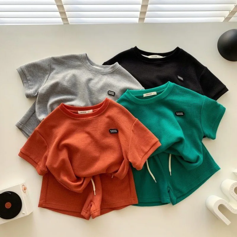 2023 Summer Baby Cotton Clothes Boy Girl Short Sleeve Tshirts Shorts Crop Set Kids Solid Top and Pants Outfits Child Loungewear