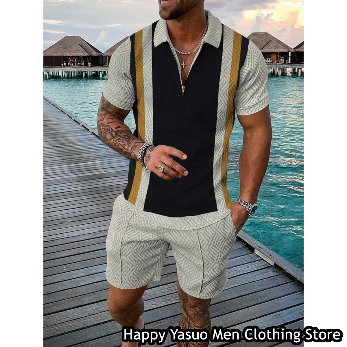 New Summer Men Fashion Polo Shirt Set 2 Pieces Casual Tracksuit Turn Down Collar Zipper Outfit Male Suit Retro Style Clothing