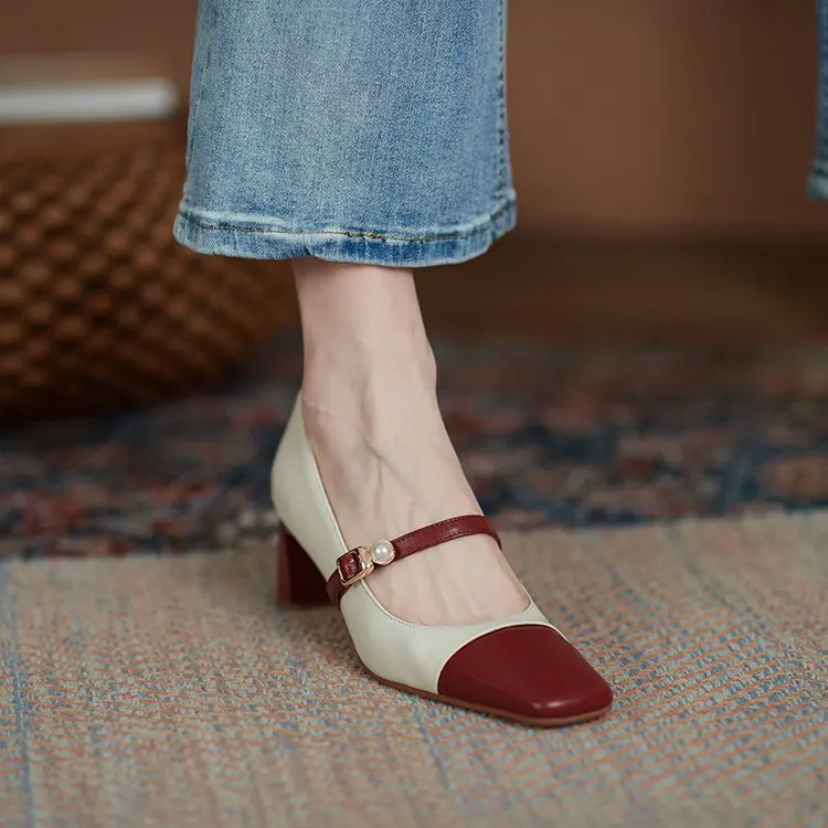 

Women's shoes 2021 spring and summer French retro square-toe mid-heel shoes color-blocking shallow Mary Jane thick-heeled shoes