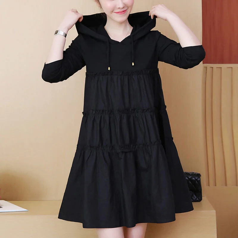 

Black Cake Hoodies Dress Women Long-sleeved Maternity Clothes Spring Autumn Loose Casual Dresses Female Solid Wild Fashion Dress