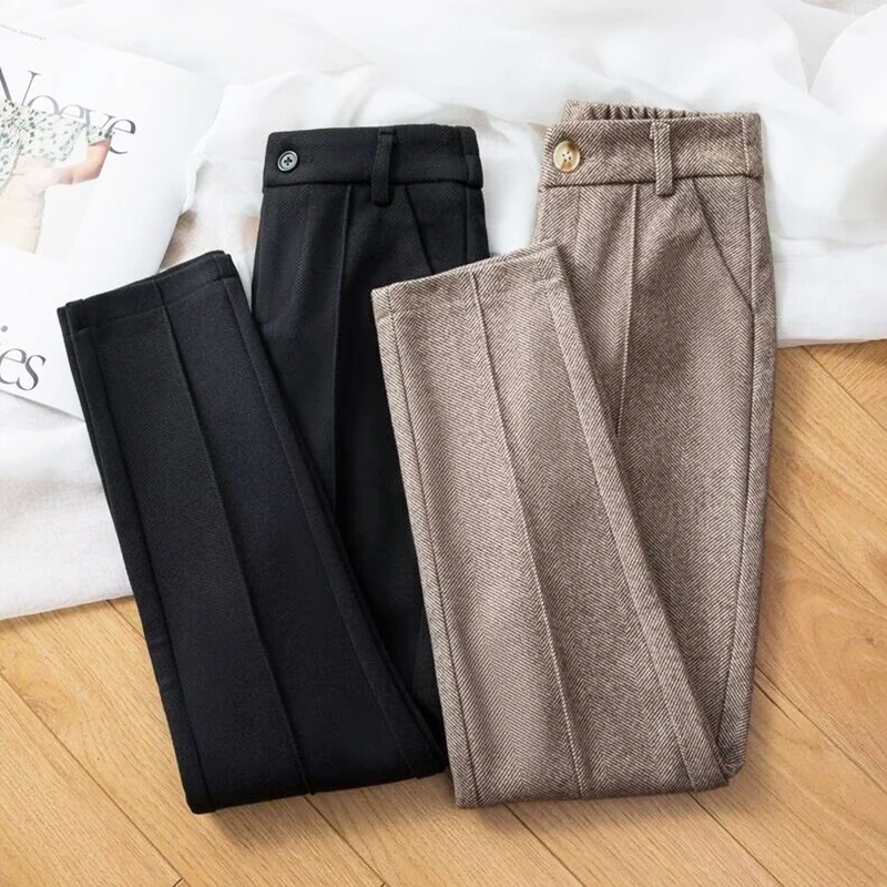 

Harem Woolen Pants for Women's Autumn Winter High Waist Trousers Ladies Thice Warm Pencil Pants Casual Korean Suit Pants 2023