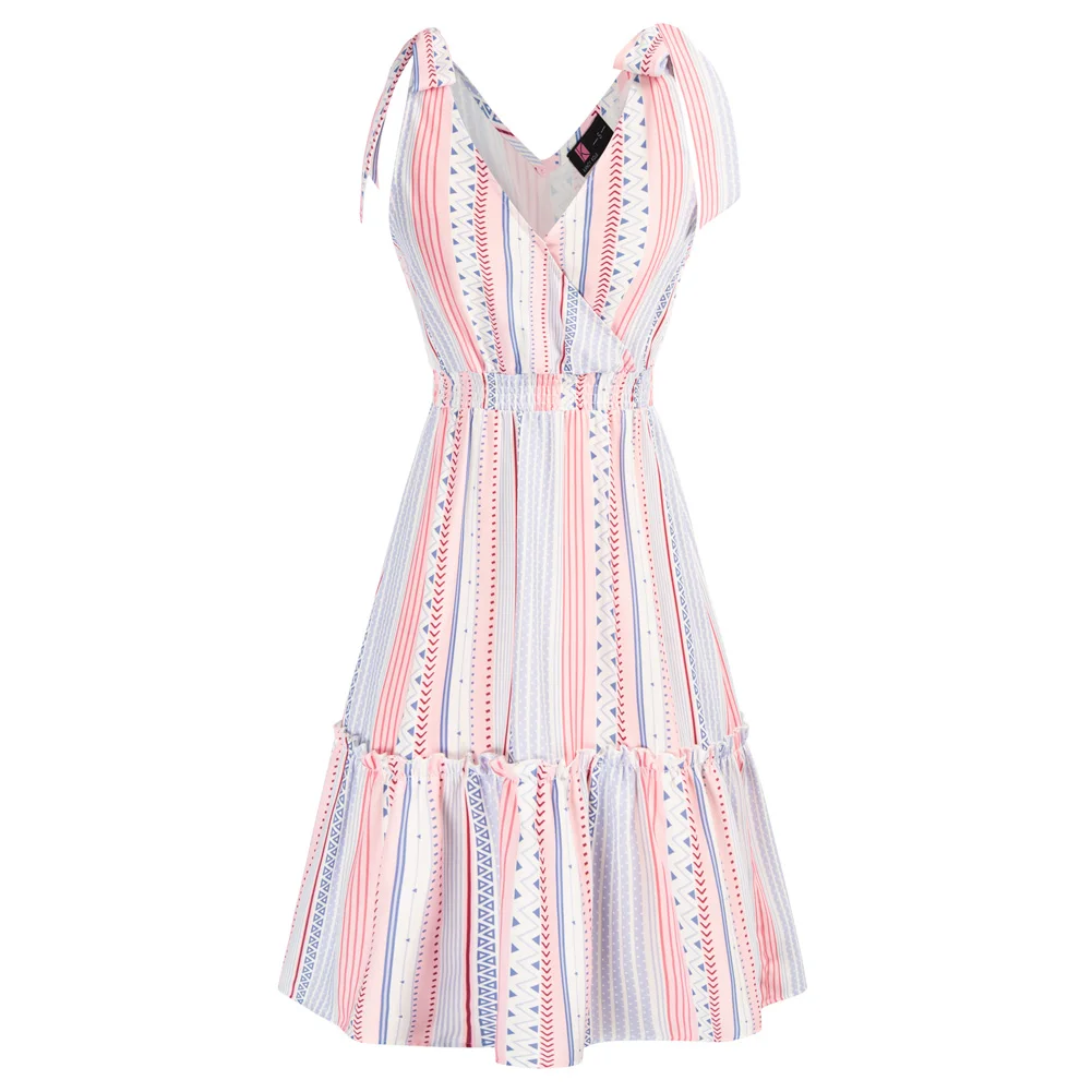 

KK Dress For Women Stripe Printed Cross Smoked Waist Summer New Dress Sleeveless Fashion Lace V-Neck Tie-Shoulder A-Line Dress