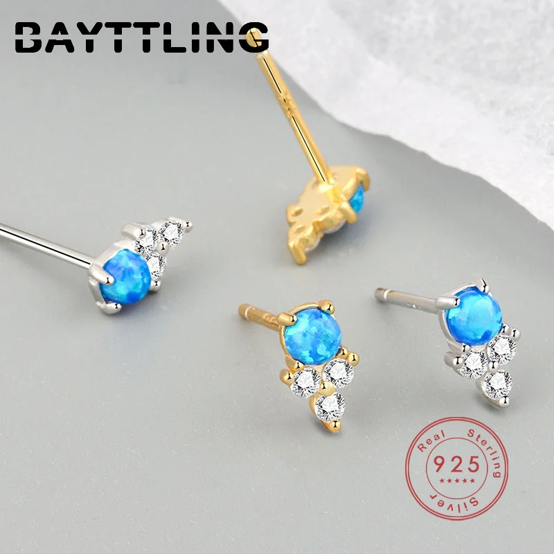 

BAYTTLING 925 Sterling Silver Blue Round Zircon Stud Earrings For Women Girlfriend Fashion Birthday Party Gift Jewelry