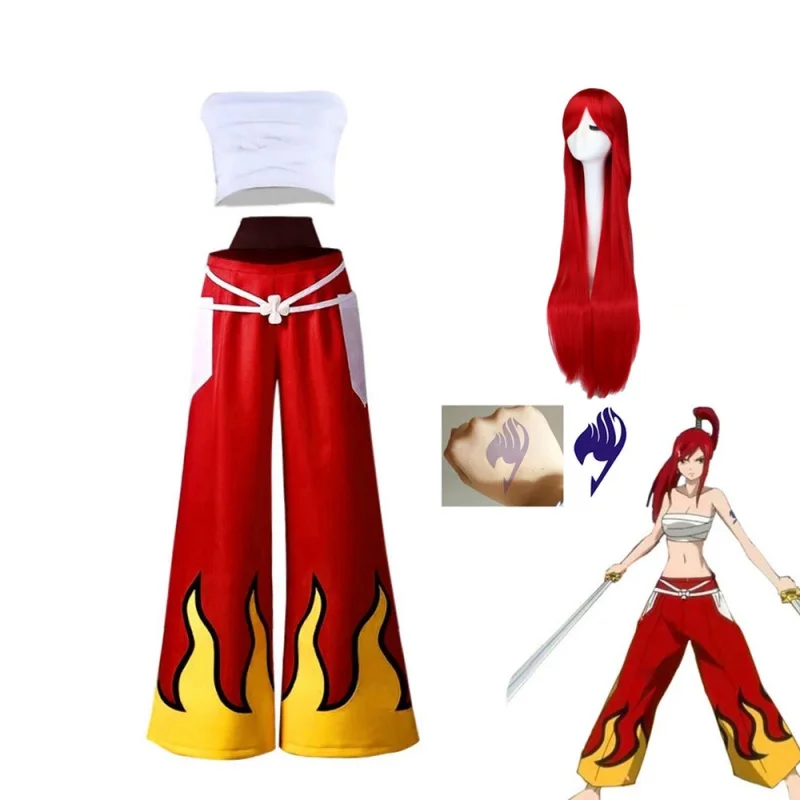 

Anime Cosplay Women Anime Japanese Role Erza Scarlet Costume Pants White Tube Tops Red Cool Set Dark Blue Tail Tattoo Stil Coord