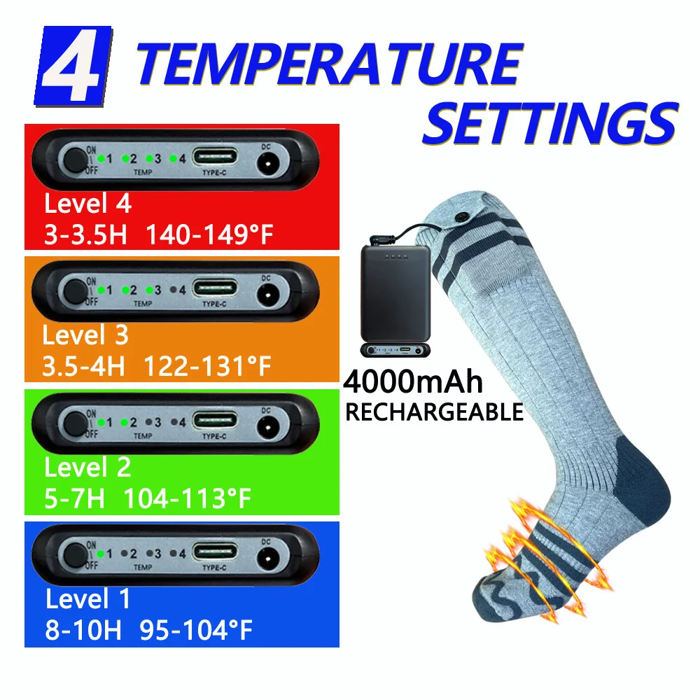 Лыжные носки с подогревом электрические термоноски на всю ногу согревающие для