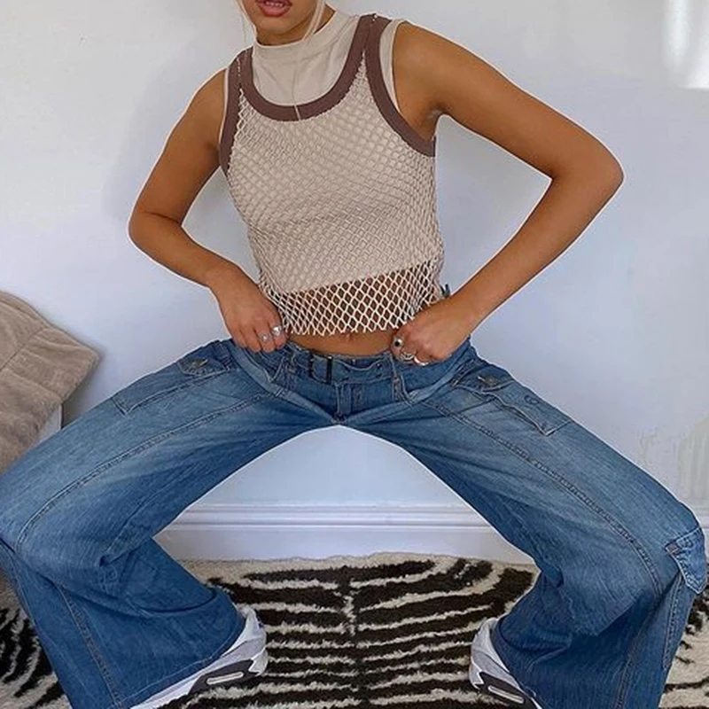 2023 Autumn Streetwear Baggy Jeans Sashes Women Plus Size Pockets Wide Leg Cargo Pants Low Waist Y2K 90s Straight Denim Trousers