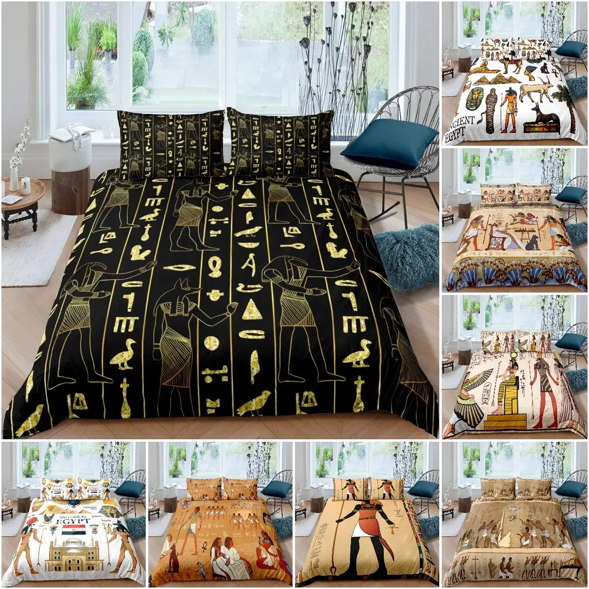 

Juego de funda de edredón con símbolo egipcio, ropa de cama de tamaño Queen, retro, Faraón,pirámide, bohemio, Tribal, 2/3 piezas