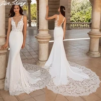 yunshang v neck mermaid wedding dresses with long train 2022 lace appliques elegant bride gown for women sleeveless backless