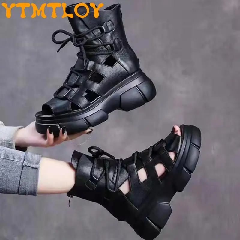 

Sandals Summer Martin Boots Women's Slope With Platform Sandals Fish Mouth Short Boots Women Retro Strappy High-top Roman Sandal