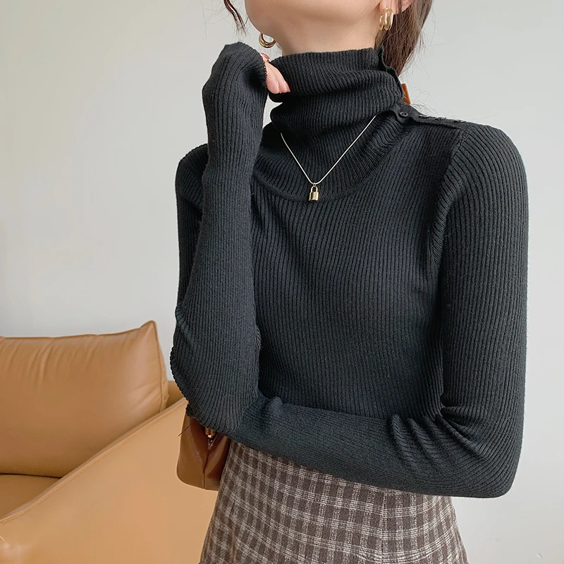 

Wram Knitted Turtleneck Sweater Women Solid Bodycon Designer Elegant Pullovers France Long Slevee Tops Autumn Winter
