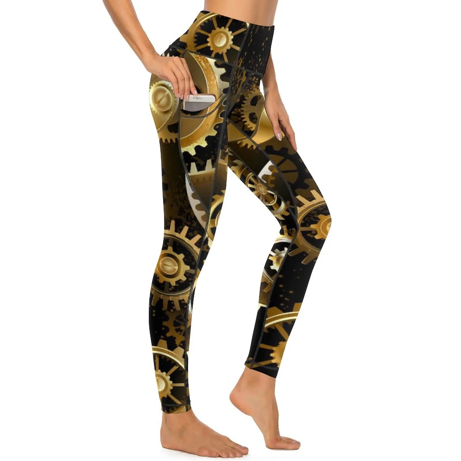 

Golden Steampunk Yoga Pants Pockets Brass Gears Print Leggings Sexy High Waist Yoga Sports Tights Stretch Fitness Gym Leggins